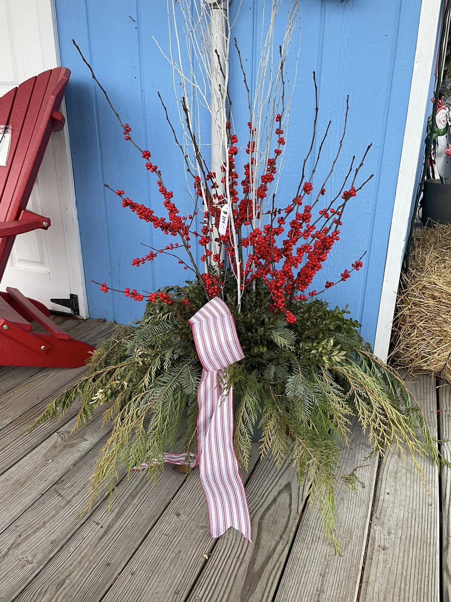 Large winter greens arrangement with red berries and white birch branches